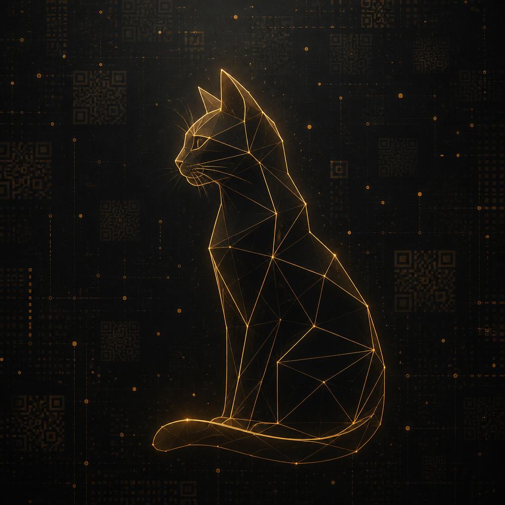 Gato dourado geométrico formado por linhas luminosas